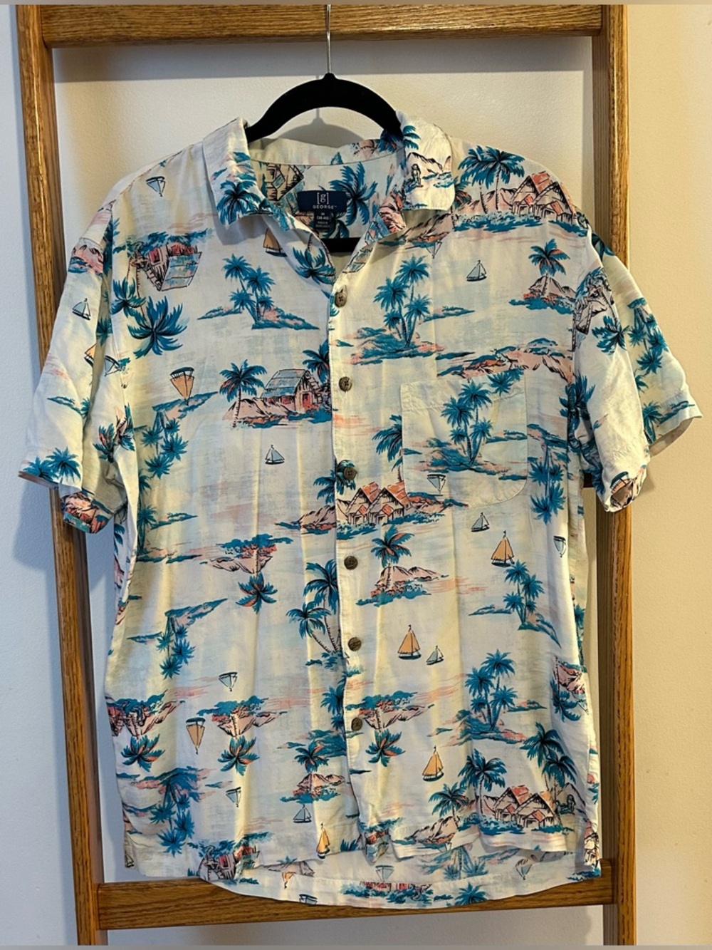 George Tropical Print Short-Sleeve Button-Down Shirt - Blue/White